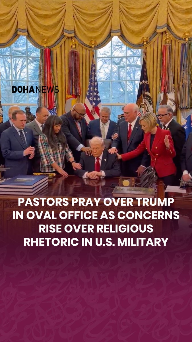 Special Assistant to the U.S. President and Communications Advisor Margo Martin shared a video on X showing pastors gathered in the Oval Office praying over U.S. President Donald Trump, asking for “grace and protection” for him and for U.S. troops as the U.S.-Israeli war with Iran escalates. The video comes amid growing scrutiny of the expanding influence of Christian nationalist rhetoric in American public life. Separate reports from the Military Religious Freedom Foundation stated that some U.S. military commanders have been framing the war with Iran in explicitly biblical terms. Service members reported being told the conflict is part of "God’s divine plan" and that Trump is "anointed by Jesus."