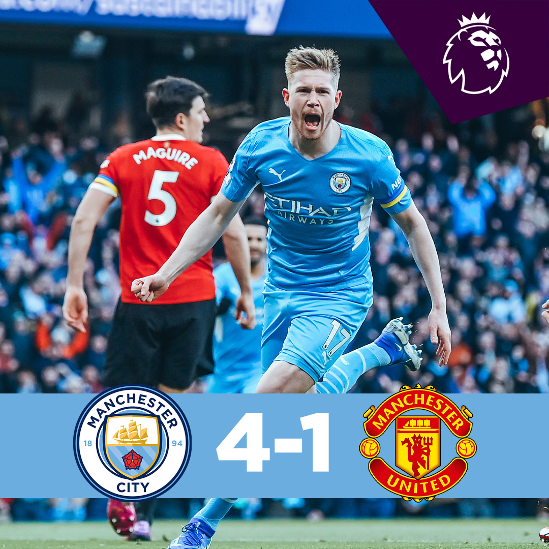 #OnThisDay: #ManCity 4-1 Manchester United [2022] ⚽️ [5', 28'] Kevin De Bruyne ⚽️ [68', 90+1'] Riyad Riyad Mahrez - ⚽️ [22'] Jadon Sancho