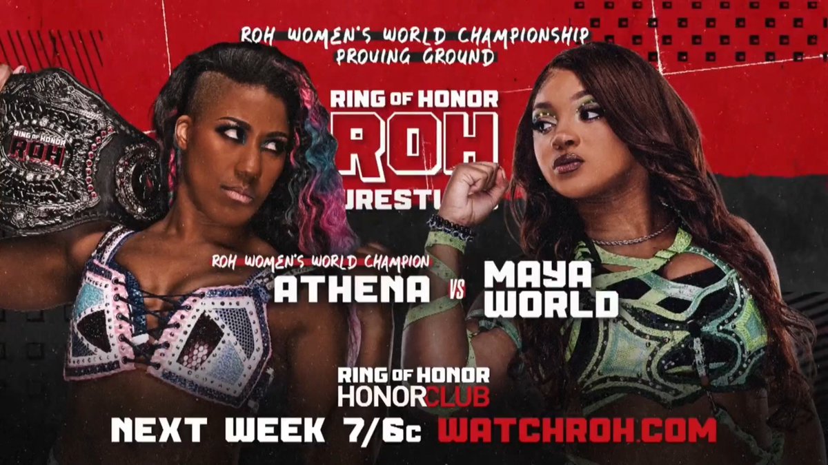 NEXT WEEK! maya world 🤩 enters the proving ground as she takes on #ROH Women's World Champion Athena is ROH & All Elite!! Watch #ROH TV on #HonorClub at