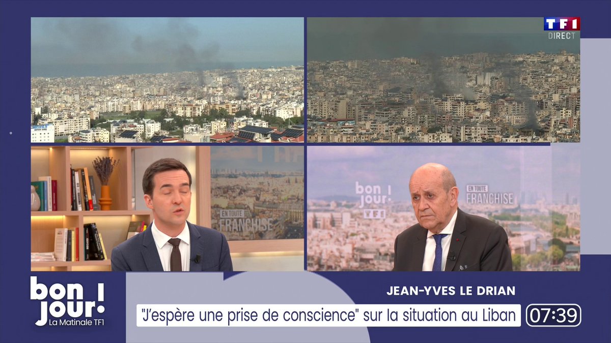 🗣️ "La France n’est pas dans la guerre. Cette guerre n’est pas la nôtre, mais la France a des alliés qu’elle doit défendre et il faut assumer ces engagements" 💬 Jean-Yves Le Drian, représentant personnel du président de la République au Liban ▶️ Adrien Gindre