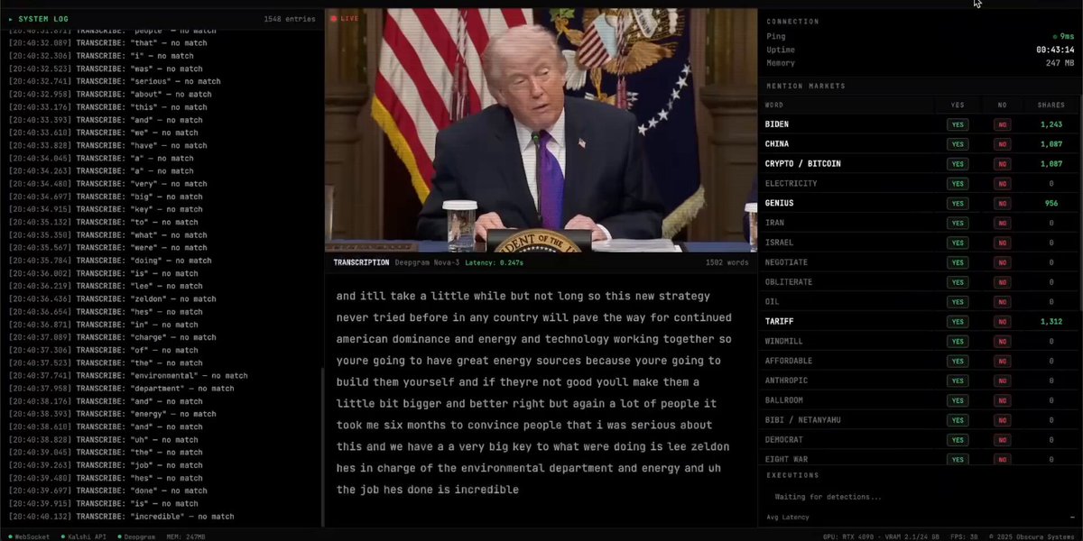 I built a bot to trade faster than any human > found markets to bet which word Trump says in speech > used Deepgram Nova-3 to transcribe live speeches in matched words with markets > instantly sweep all orders under 99¢ > exit at $1.00 for profit > in the right hands, generates 6-figures/month All done in 2 hours 34 minutes using Perplexity, Opus 4.6, and a bit of brain None of my CS knowledge was used except deploying it on a server