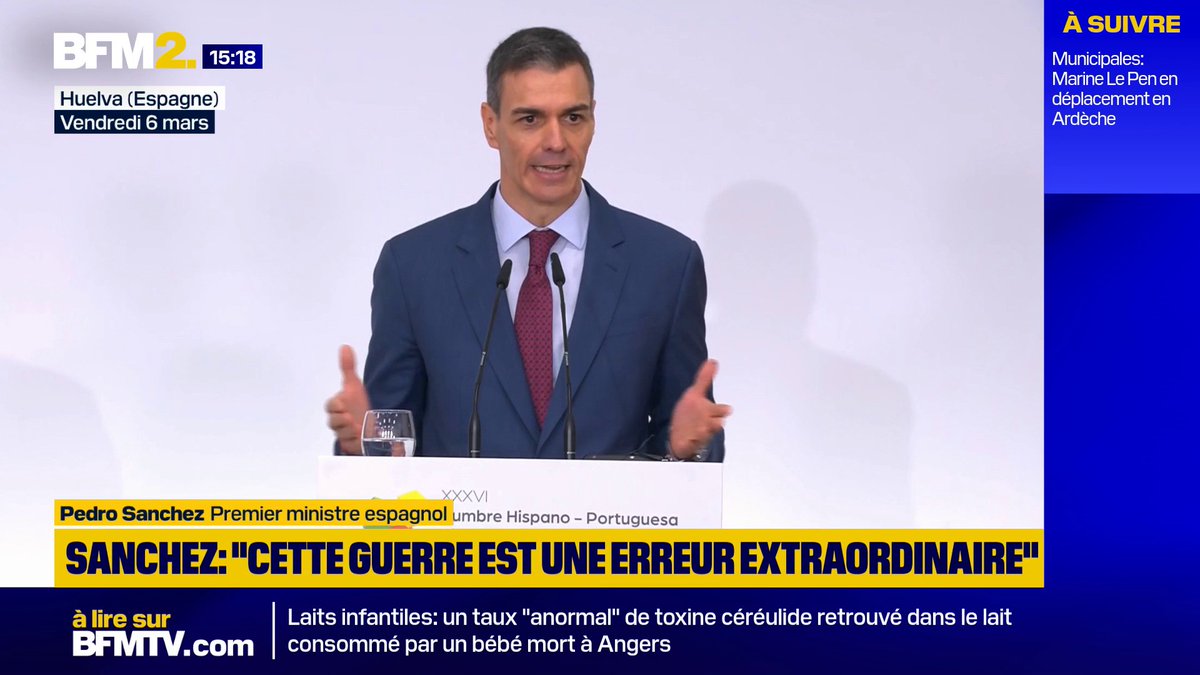 "Cette guerre en Iran est, à mon sens, au sens de l'Espagne, une erreur extraordinaire que nous allons payer", estime le Premier ministre espagnol Pedro Sanchez #BFM2