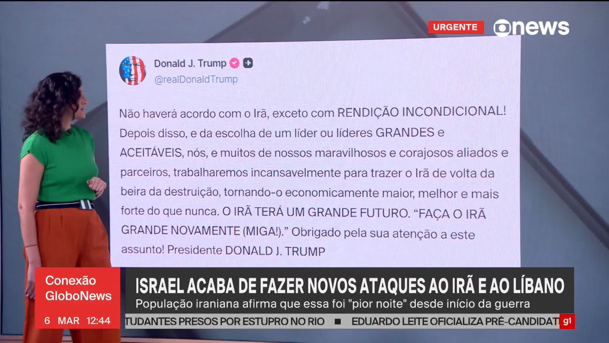 Donald Trump, presidente dos EUA, postou nas redes sociais que "não haverá acordo com o Irã, exceto com rendição incondicional". ➡ Assista: #GloboNews #ConexãoGloboNews #guerra #EUA #Irã