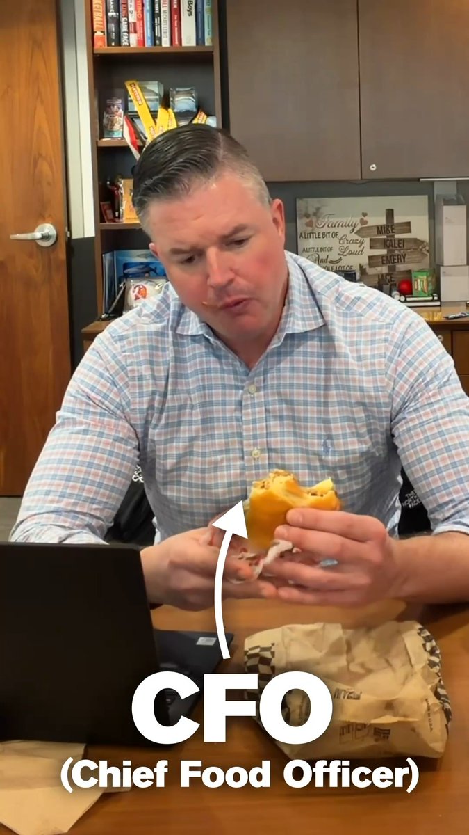 Our CEO is out today because we believe in balance. Our CFO stepped in as Chief Food Officer. 🍔 And in the break room? Our team is doing what they love most about their jobs: devouring our burgers because we really love our food!