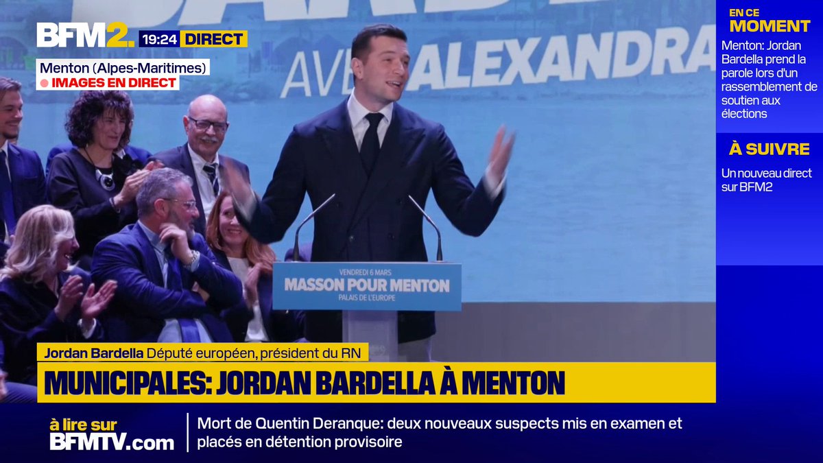 💬"On a un téléphone qui sonne ! C'est Christian Estrosi. Il est inquiet" Jordan Bardella tacle le maire sortant de Nice, lors d'un meeting en soutien à la candidate RN à Menton #BFM2