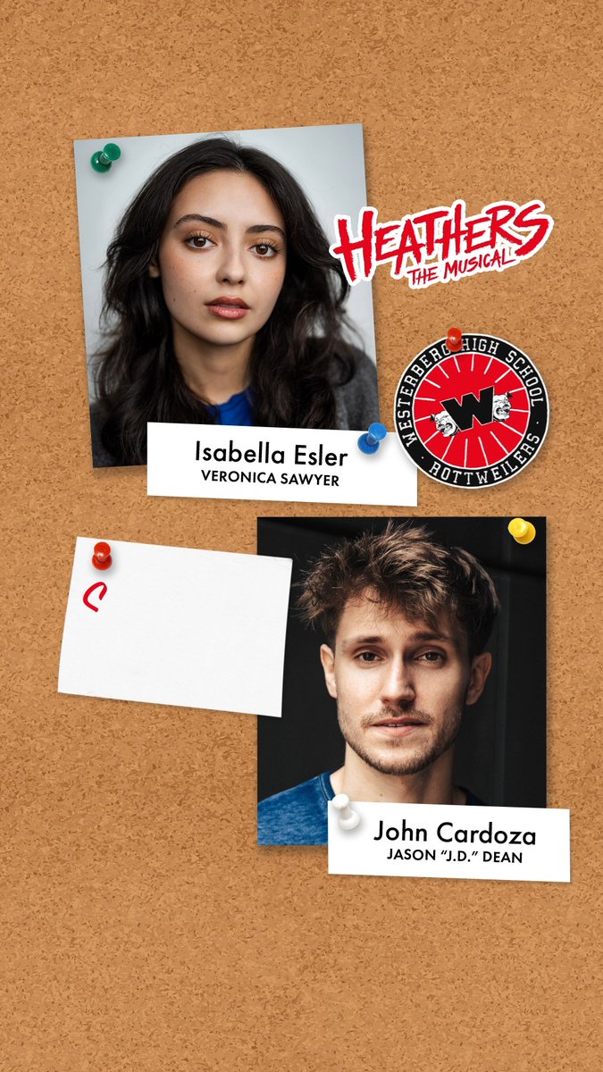 The rumors are true... Starting April 27: 💙 Isabella Esler as Veronica Sawyer 🖤 John Cardoza as Jason "J.D." Dean Welcome to Westerberg! #Heathers #HeatherstheMusical