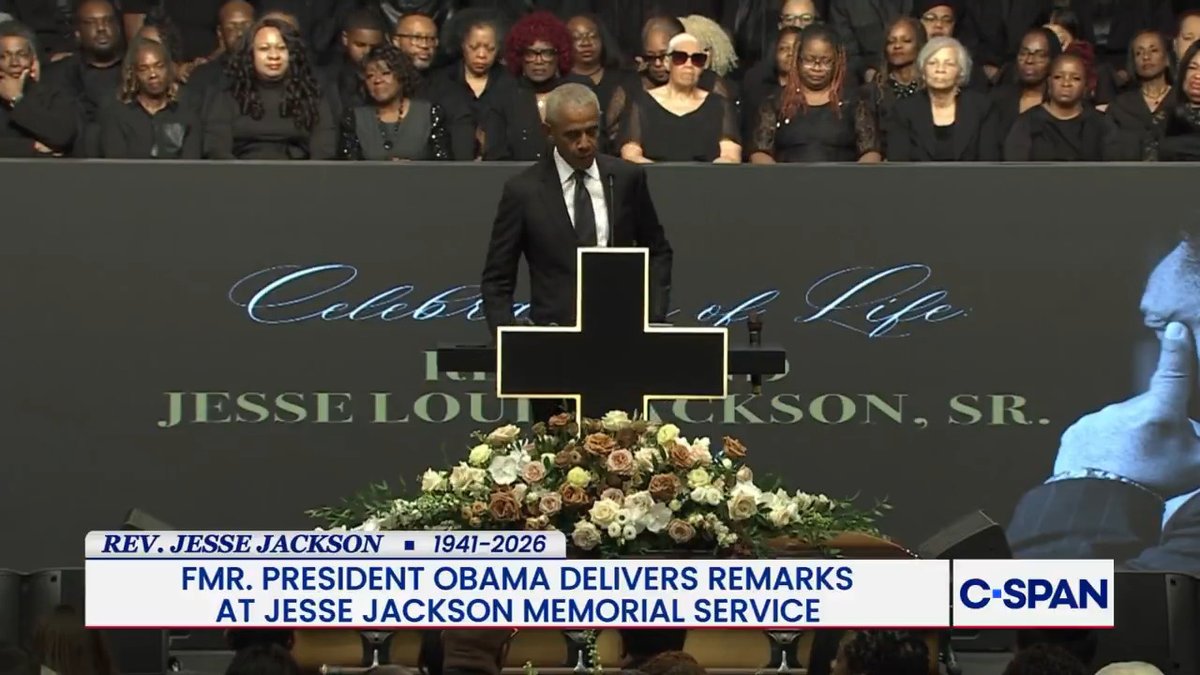Former President Barack Obama at memorial service for late Rev. Jesse Jackson: ""Each today we're told by those in high office to fear each other…This man, Rev. Jesse Louis Jackson, inspires us to take a harder path. His voice calls on each of us to be heralds of change."