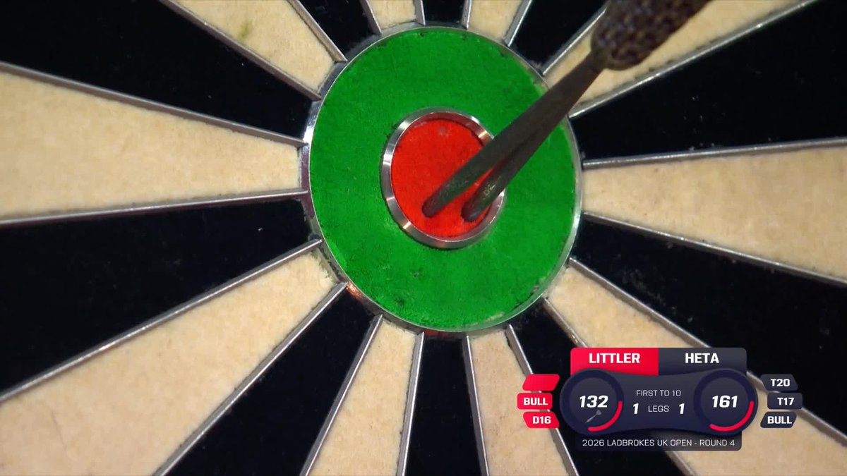 CHAMPAGNE SHOT FROM LITTLER 🥂 The Nuke making his mark early in Minehead 😮‍💨 Luke Littler takes out a classy 132 checkout with two bullseyes to take a 2-1 lead over Damon Heta! Live Scores &amp; Streaming 📲 #UKOpenDarts | R4