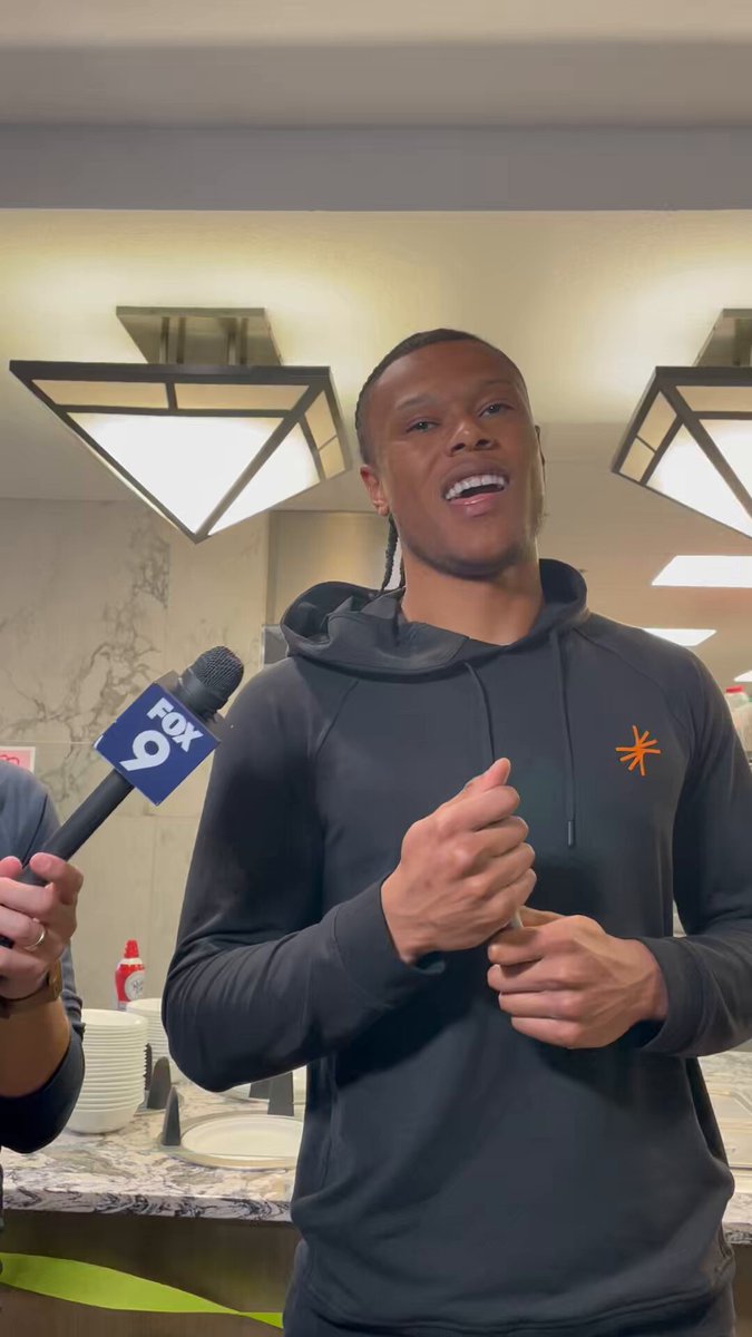 Jaylen Clark on Mike Conley being the most hyped in the Target Center when a team misses two free throws in the fourth and the fans get free chicken “Definitely, I think it’s cuz he got all them kids, he’s definitely going to go cashing in(laughing). I love Mike being back, slow being back, we got a whole bunch of great people including the guy over there(points to bones)”