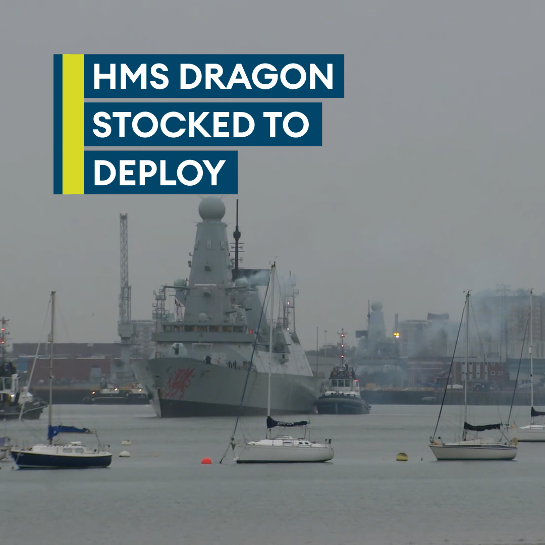 HMS Dragon is one step closer to deployment🌊 The Type 45 destroyer has been stocked with ammunition and essential supplies ahead of her departure to the Mediterranean, where she will help strengthen defence capabilities in Cyprus Watch in full 🔗⬇️