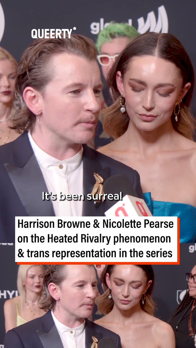 Harrison Browne and Nicolette Pearse at the @GLAAD Awards on the Heated Rivalry phenomenon and trans representation in the series