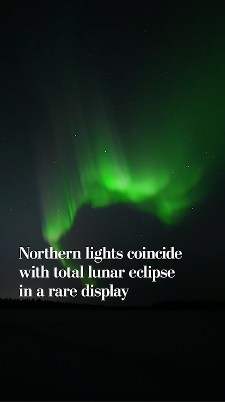 In a rare and beautiful display, in Fairbanks, Alaska, the northern lights danced across the sky at the same time as another uncommon event: a total lunar eclipse, also known as a blood moon.