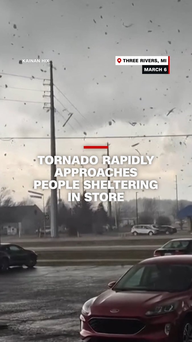 Footage shows a tornado rapidly approaching a mobile store in Three Rivers, Michigan. The person who shared the video tells CNN everyone in the store made it out safely.
