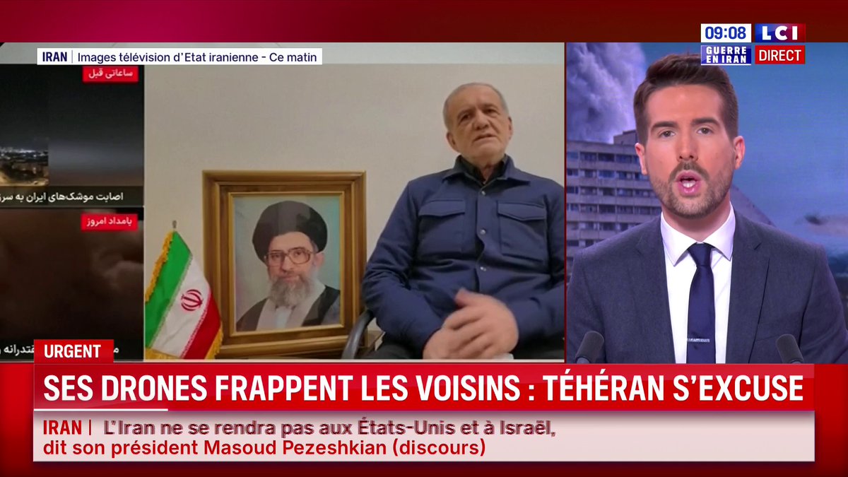 🔴 "Plus d'attaques sur les pays voisins, plus de missiles tirés, sauf si une attaque sur l'Iran provenait de ces pays" a déclaré le président iranien Masoud Pezeshkian
