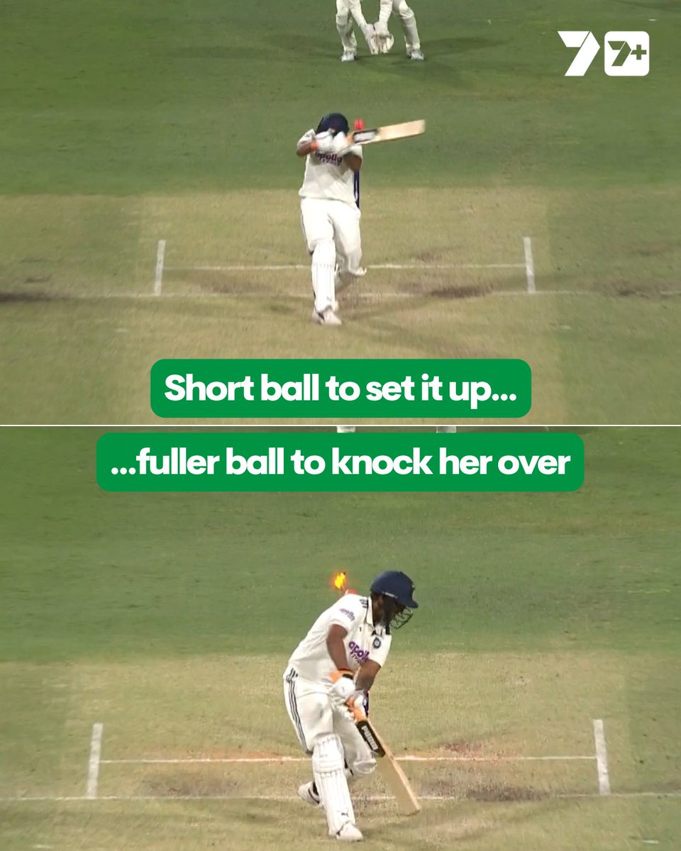 The quality of Lucy Hamilton on debut 🔥 A short ball to set Deepti up, followed by the fuller one to knock back the stumps. Star ⭐ #AUSvIND (as explained in the moment by Katey Martin)