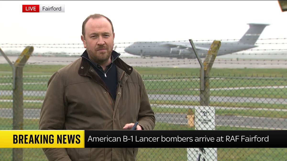 BREAKING: Three U.S. Air Force B-1 Lancers have landed at RAF Fairford this morning. The 146ft aircraft can carry 24 cruise missiles and reaches speeds of more than 900mph. Sky's Dan Whitehead reports live from Gloucestershire 📺 Sky 501