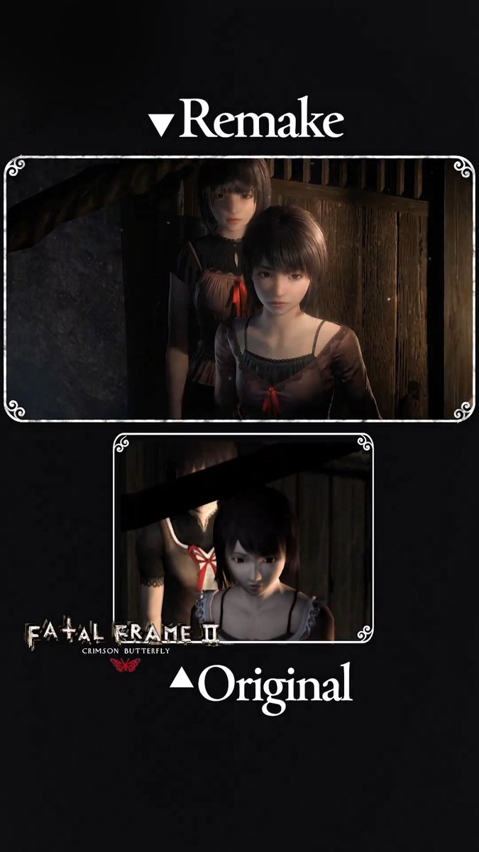 The improved graphics and enhanced environmental detail in #CrimsonButterflyRemake make the Osaka House feel far more vivid than in the original. Look how they compare. Full info - #FatalFrame #FATALFRAMEIIREMAKE