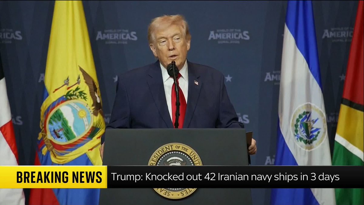 U.S. President Donald Trump says their army has destroyed 42 Iranian naval ships in the last three days, adding Iran's air force and communications have also been 'knocked out' Read the latest on Iran here ➡️ 📺 Sky 501, Virgin 602, Freeview 233