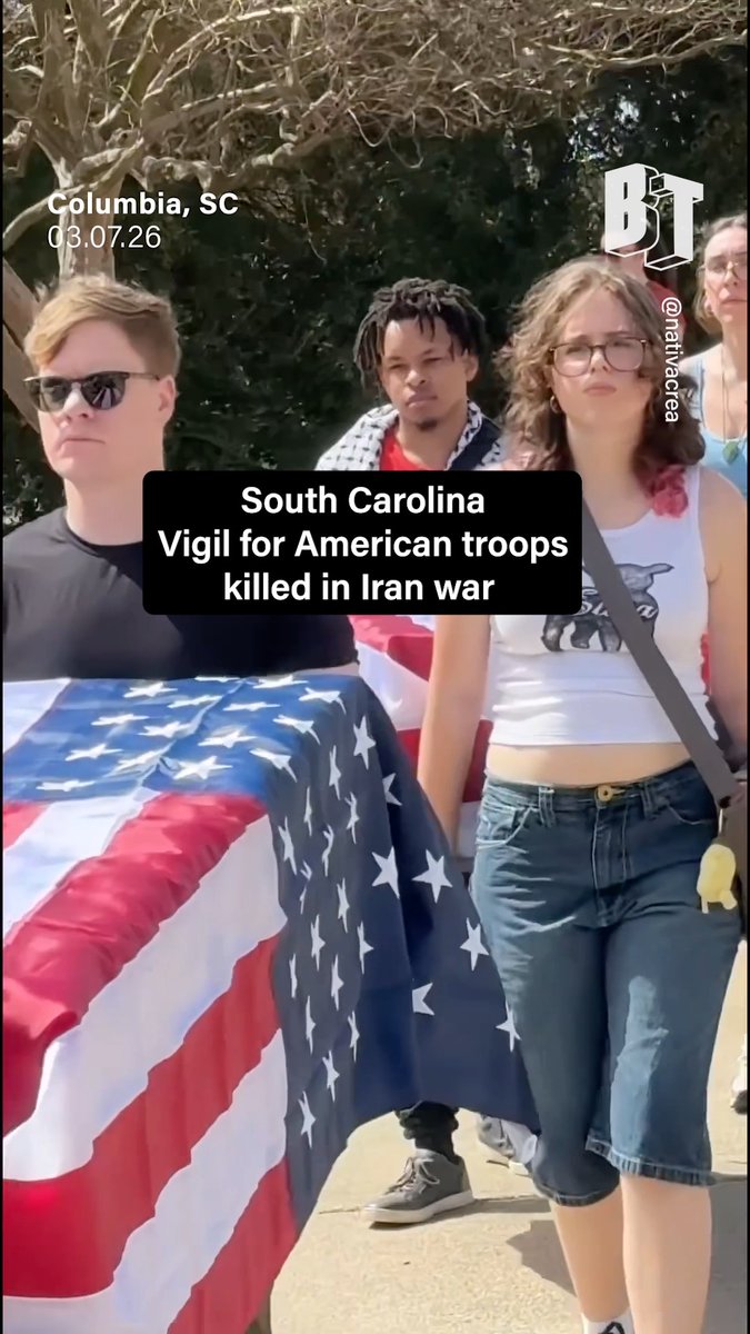 Veterans, faith leaders, and community members in Columbia, SC carry six flag-draped coffins to mourn the U.S. service members killed in the Iran war, along with scores of child-sized body bags representing the children killed by U.S.-Israeli strikes. This was a silent protest as part of a national day of action against the war in Iran on Saturday.