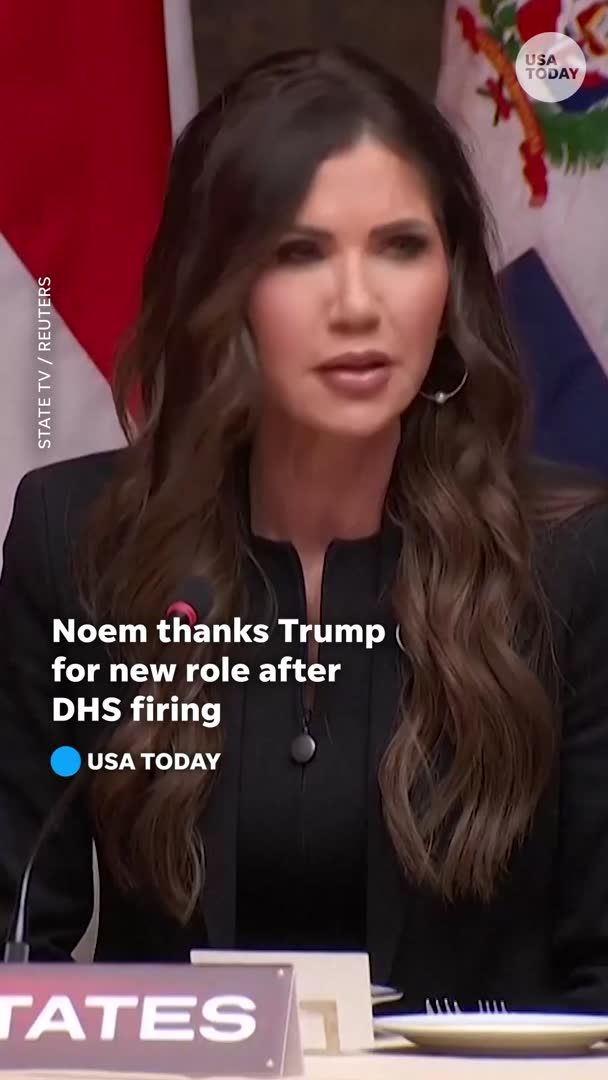 In her first appearance in a new role, Kristi Noem thanked Donald Trump at the Shield of the Americas summit days after being fired as homeland security secretary.