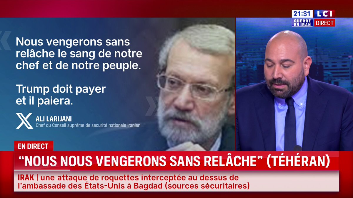 🔴 "Nous vengerons sans relâche le sang de notre chef et de notre peuple (...) Trump doit payer et il paiera". ➡️ Ali Larijani, chef du Conseil suprême de sécurité nationale iranien