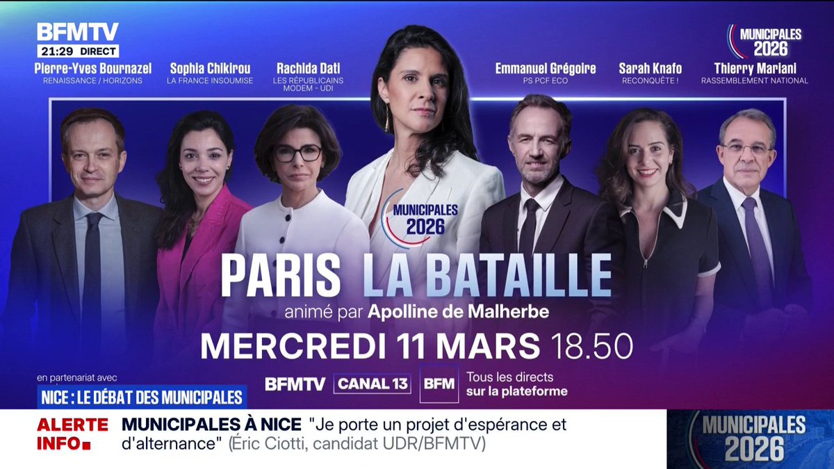 📺 Retrouvez notre soirée spéciale pour les municipales à Paris ce 11 mars à partir de 18h50 sur BFM 🎙️ avec six candidats: Rachida Dati (LR), Emmanuel Grégoire (PS), Sarah Knafo (Reconquête), Sophia Chikirou (LFI), Pierre-Yves Bournazel (Renaissance-Horizons) et Thierry Mariani (RN)
