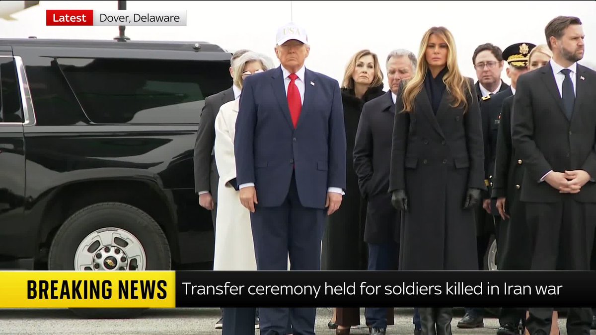 U.S. President Donald Trump and senior members of his administration are overseeing a transfer ceremony in Delaware for soldiers killed in Kuwait during the war against Iran. Sky's James Matthews reports. 📺 Sky 501, Virgin 602, Freeview 233