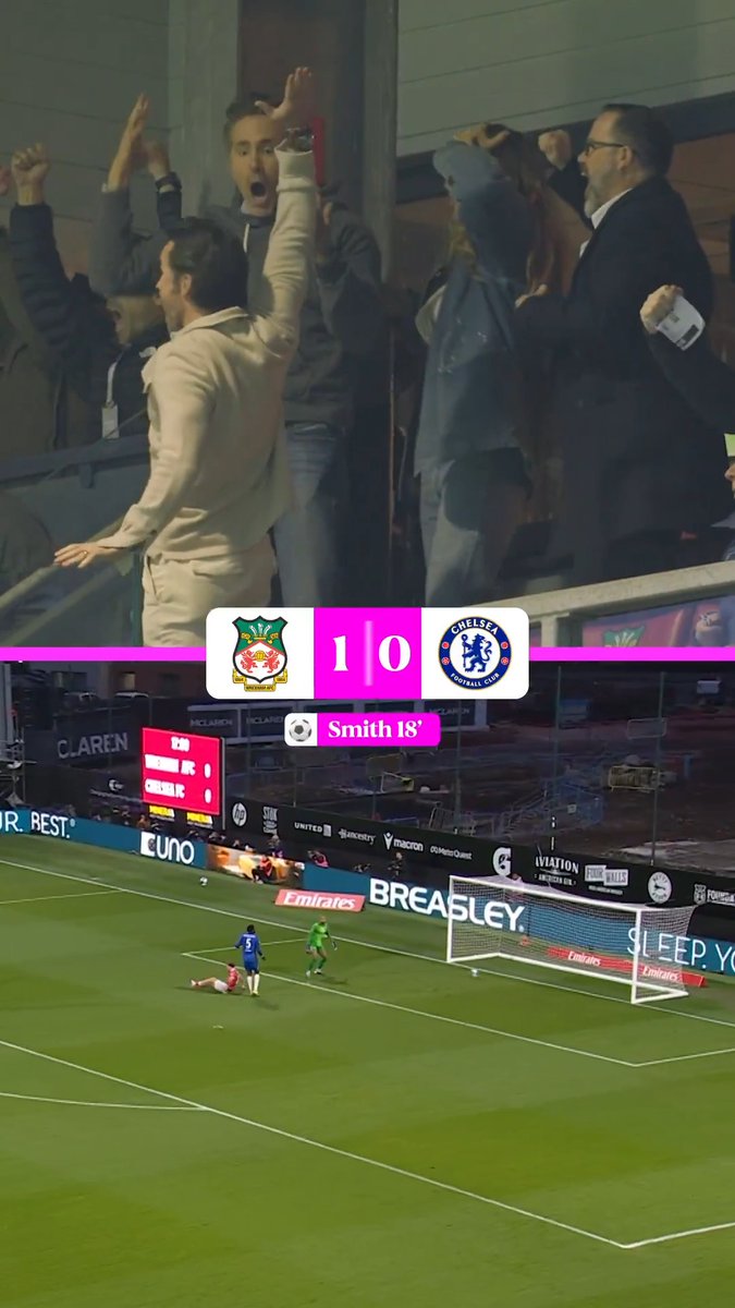 Rob Mac and Ryan Reynolds' reactions to Wrexham’s goals against Chelsea yesterday 👀