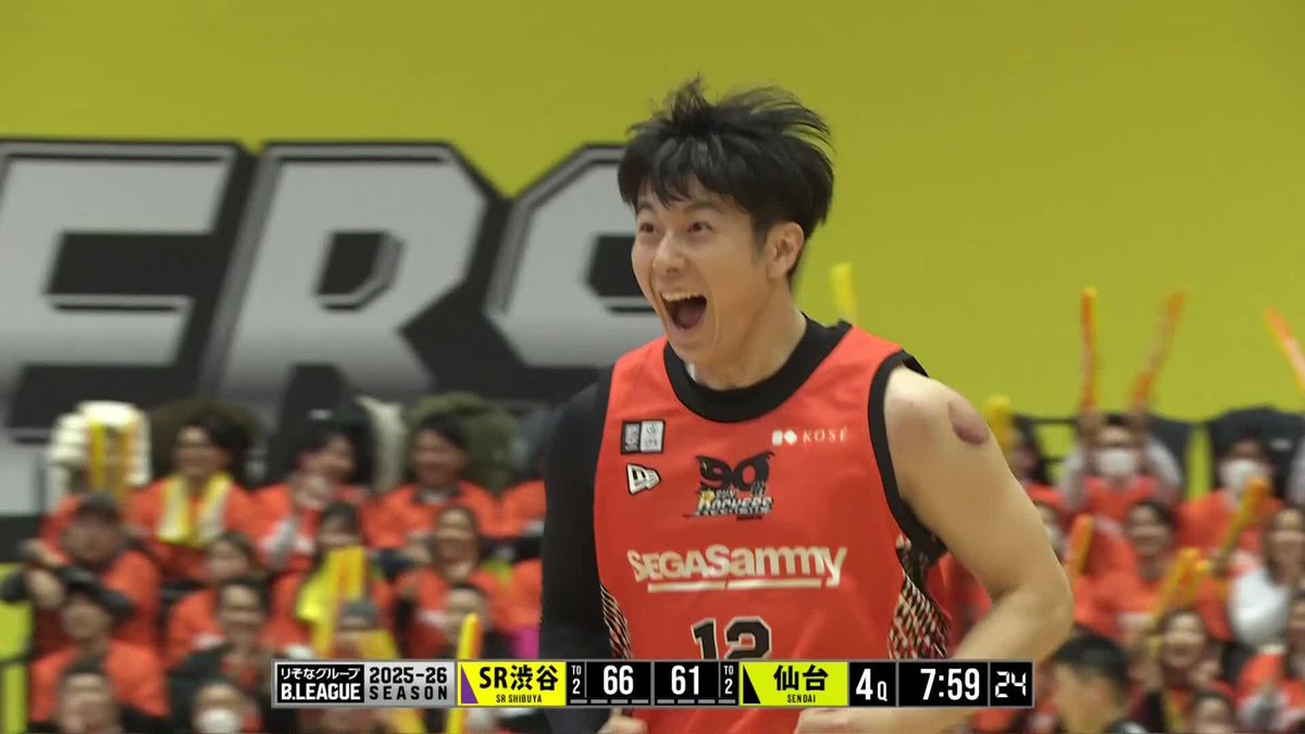笑顔の雄叫び！ #12 野崎の3PシュートでSR渋谷が突き放す！ 野﨑零也 @we_r_sunrockers 📡バスケットLIVEで生配信中 #Bリーグ #りそなグループ