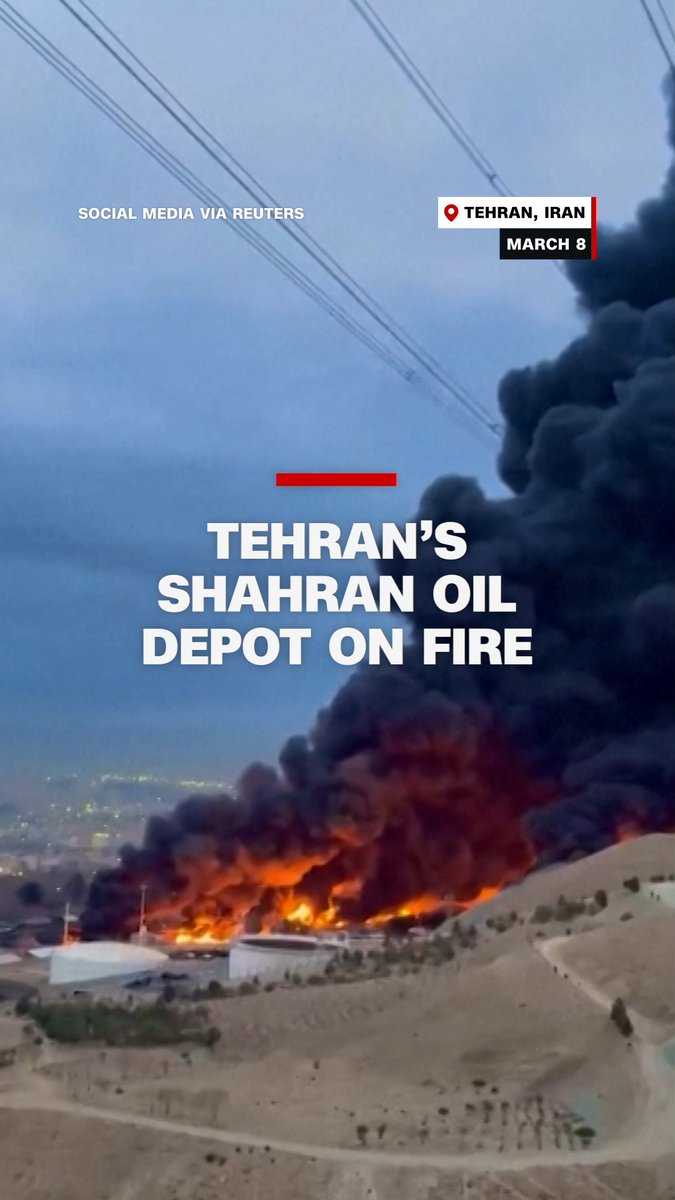 Eyewitness video shows Tehran's Shahran oil depot on fire. Iranian state media says fuel and oil storage tanks in three areas of the capital were hit by Israeli-American missiles.
