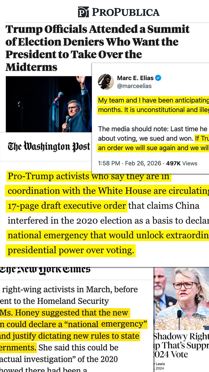 Big story that got buried last week. As news focused on Iran, ProPublica revealed Trump officials met with election deniers pushing a “national emergency” plan to fuel's Trump's 2026 election takeover. Same ones who tried to overturn his 2020 loss. Critical 2-min watch. ⬇️