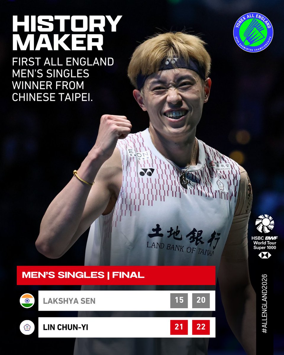 A historic win for Lin Chun-Yi at #AllEngland2026! 🏆👏 #BWFWorldTour