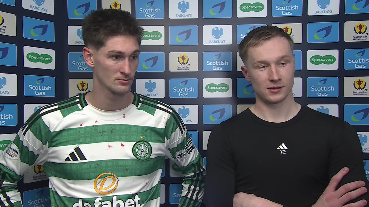 Viljami Sinisalo and Tomáš Čvančara react after playing their part in Celtic Football Club's knockout win over Rangers today 🍀 "It was a lot of pressure and I just knew what I had to do" 🗣️ #ScottishCup