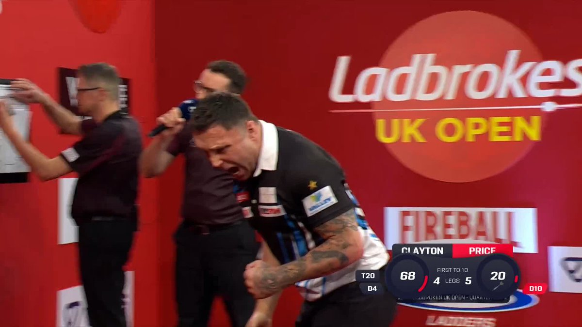 LISTEN TO THAT ROAR! 😳 Gerwyn Price is PUMPED up! The former World Champ restores his two-leg buffer against Jonny Clayton to lead 6-4 at the second interval! Live Scores & Streaming 📲 #UKOpenDarts | QF