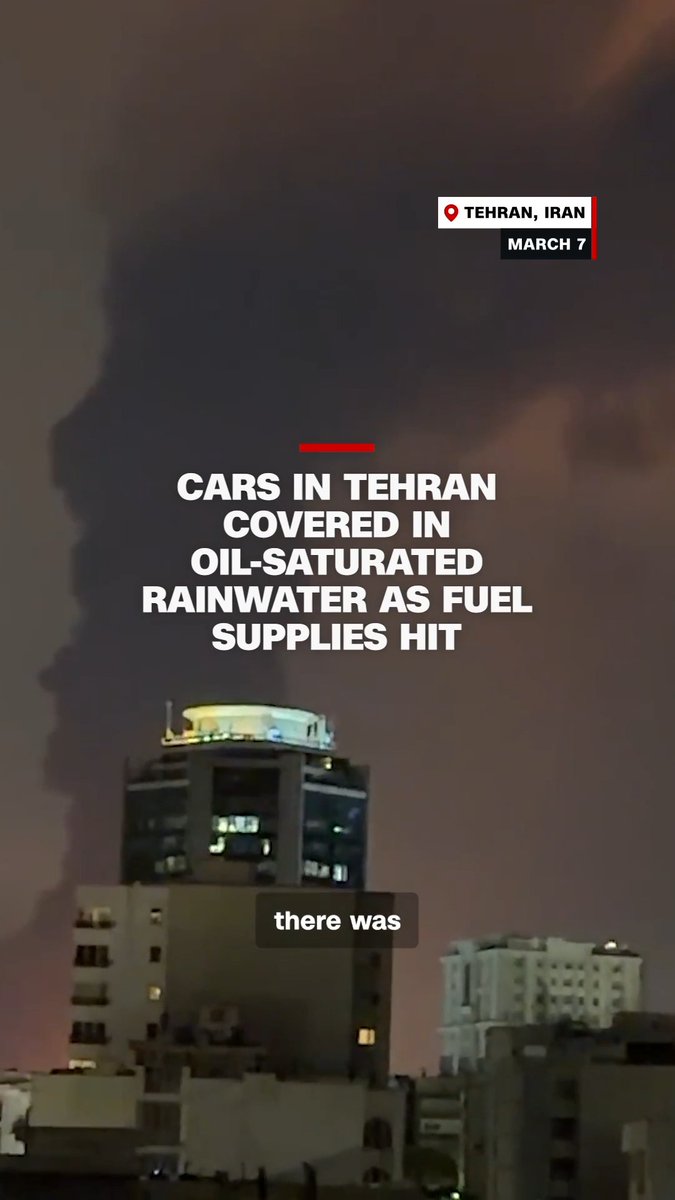 🇺🇸🇮🇷 CNN reporter from Tehran says rain this morning looked “saturated with oil” after fires from the strikes. At a gas station, he says lines aren’t massive, but people are clearly worried as fuel depots were hit.