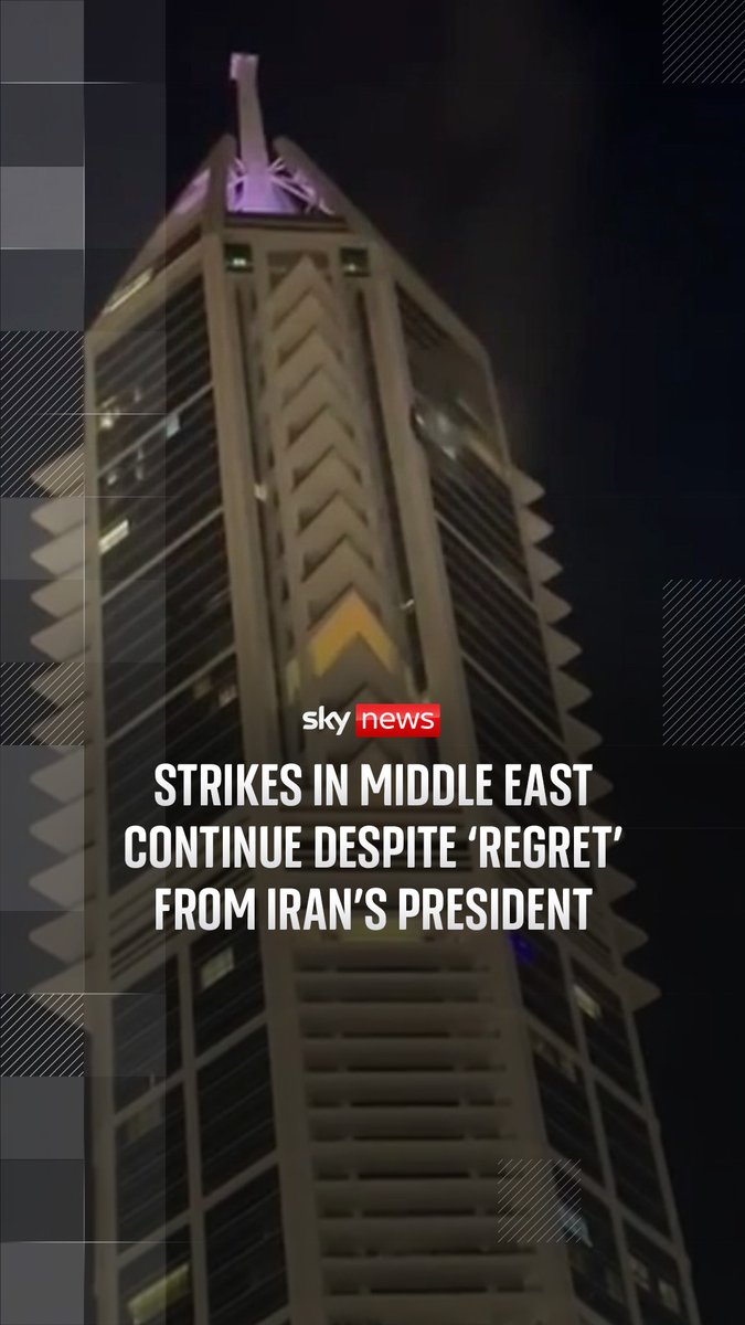 Iran's attacks on neighbouring Gulf countries have continued, despite the Iranian president expressing 'regret' for the strikes. A UAE official says any future settlement with Iran will not be confined to nuclear issues. Sky's SallyLockwood reports from the UAE. 🔗