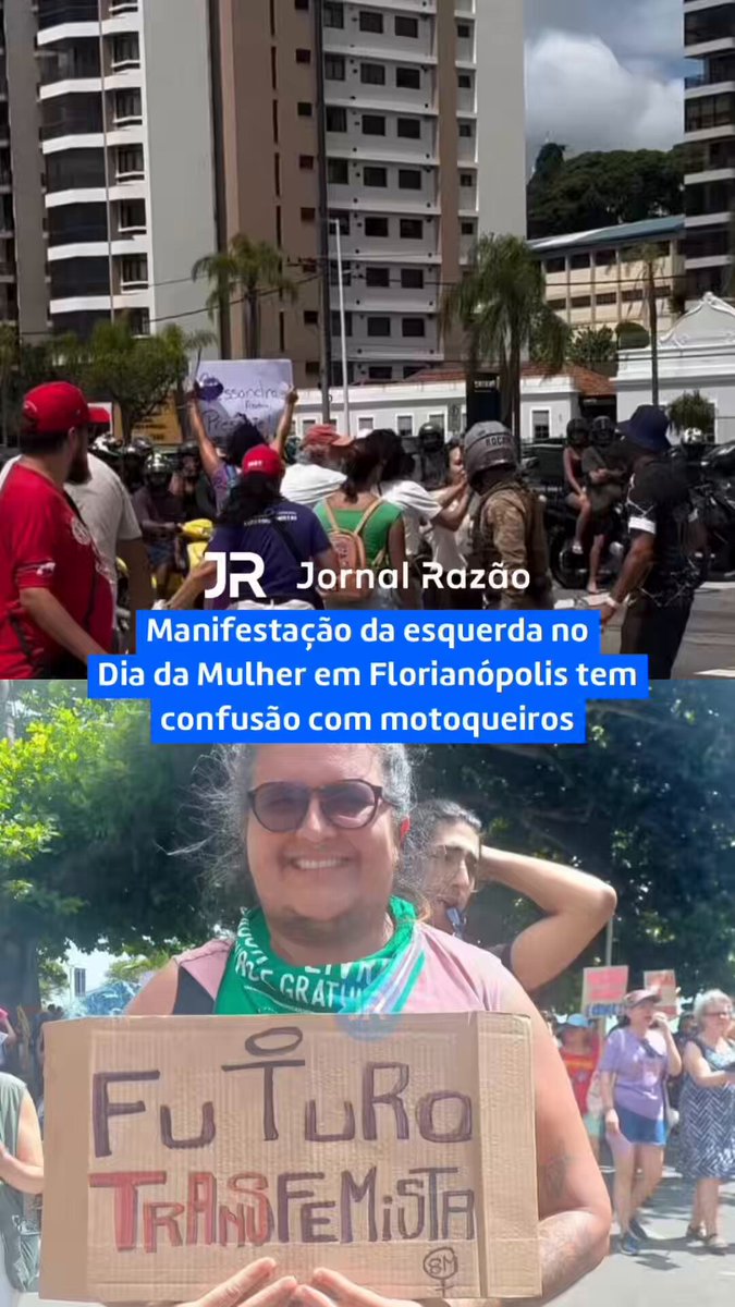 🚨🔵 Manifestação de esquerda pelo Dia da Mulher fechou o trânsito na Beira-Mar de Florianópolis neste domingo e terminou em confusão com gás de pimenta. Militantes com bonés do MST, bandeiras sindicais e cartazes pedindo desde Justiça por Orelha até Aborto Legal e “transfeminismo” ocuparam a via, motoqueiros se revoltaram com a demora, e a PM precisou intervir para dispersar o tumulto. ✍️ Leia a reportagem completa em 🔵 Acesse e receba nossas notícias em tempo real pelo WhatsApp gratuitamente. 🇧🇷 Siga Jornal Razão.