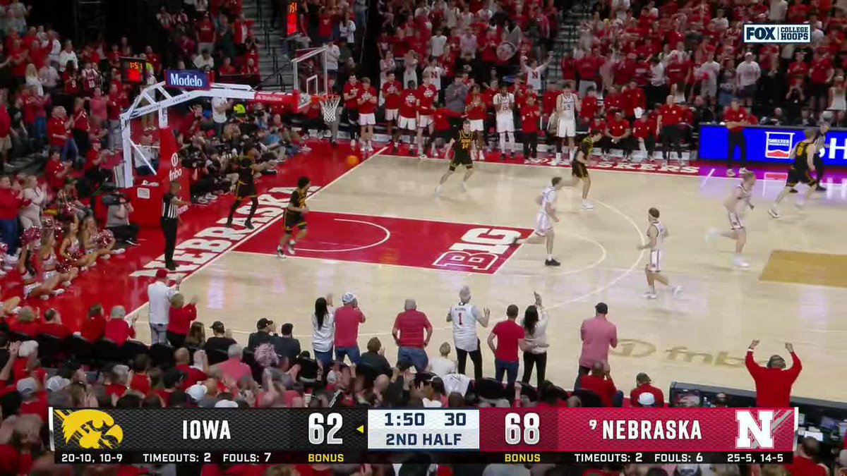 Cale Jacobsen just did it all here 👀 No. 9 Nebraska Men's Basketball has the late lead vs. Iowa. 📺: FOX