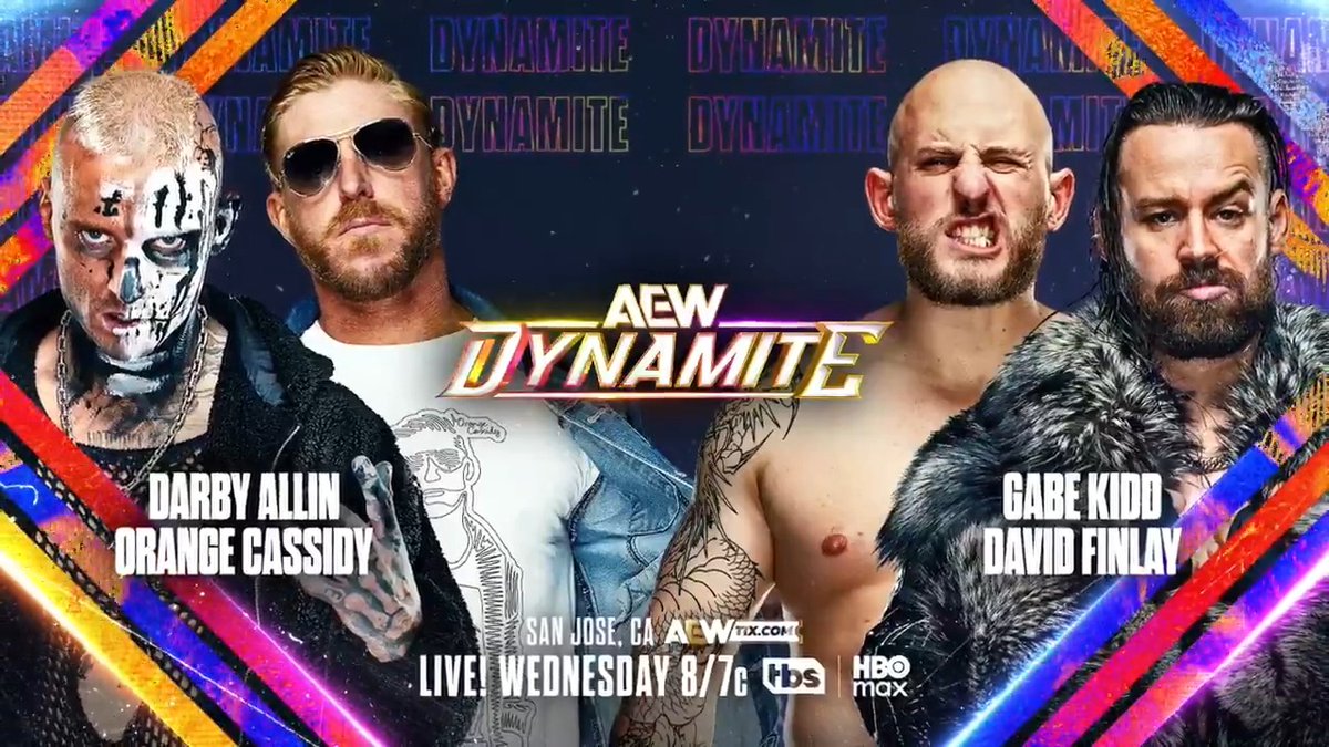 #AEWDynamite 8/7c, TBS + HBO Max This Wednesday, 3/11! DARBY ALLIN+@OrangeCassidy vs @TheDavidFinlay+GABE KIDD David Finlay's arrival last week on Dynamite tipped the scale for The Dogs in their ongoing war with Allin/OC. Finlay teams with Kidd vs Darby/Cassidy, WEDNESDAY!