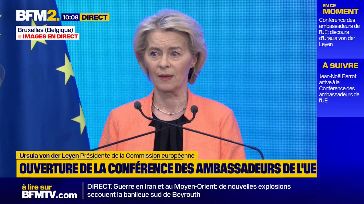 "Il ne devrait y avoir aucune larme versée pour le régime iranien. Ce régime a infligé la mort et imposé la répression à son propre peuple", dénonce Ursula von der Leyen, présidente de la Commission européenne #BFM2