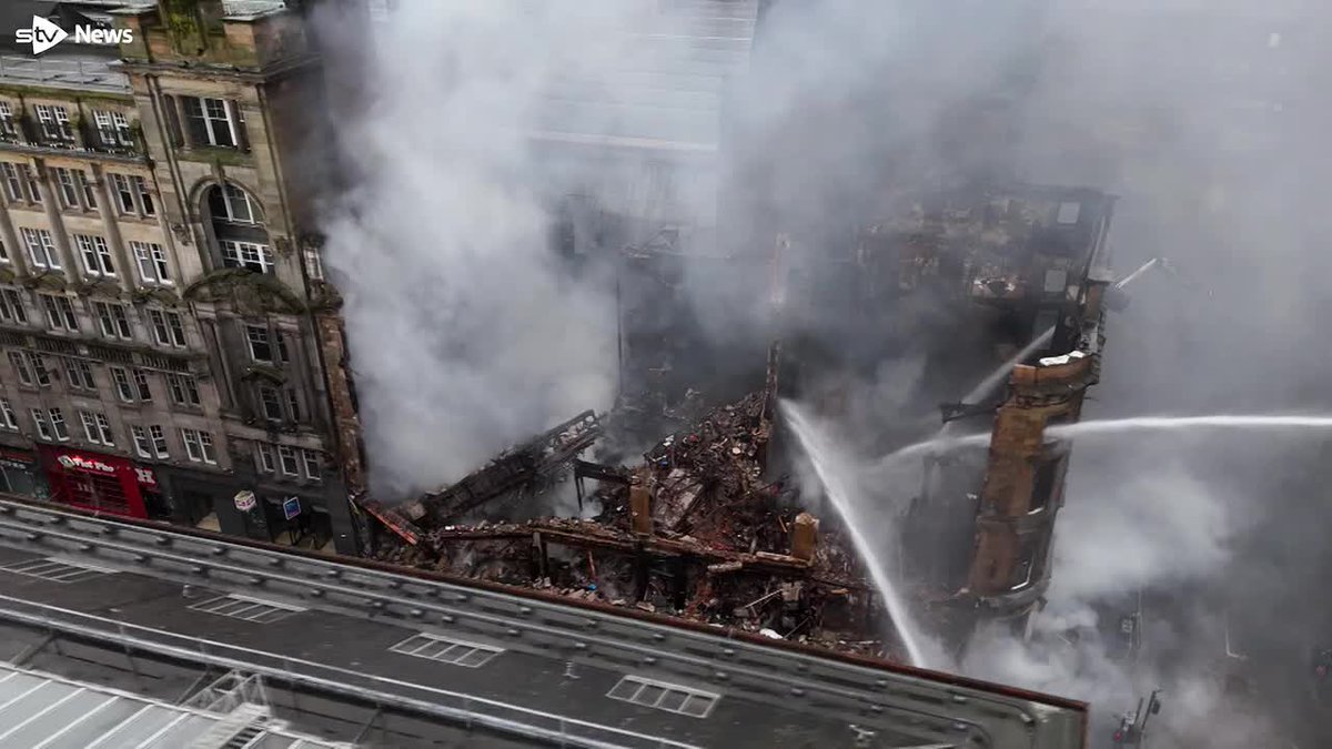 Drone footage shows scale of damage caused by Glasgow city centre fire.