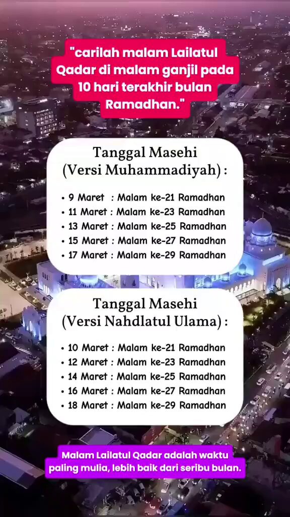 Info lur Misi berburu malam Lailatul Qadar segera dimulai, catat tanggalnya guys : Malam Lailatul Qadar Maret 2026 : Malam 21 Ramadhan : Selasa, 10 Maret malam Malam 23 Ramadhan : Kamis, 12 Maret malam Malam 25 Ramadhan : Sabtu, 14 Maret malam Malam 27 Ramadhan : Senin, 16 Maret malam Malam 29 Ramadhan : Rabu, 18 Maret malam Persiapkan Doa Terbaiknya ☺️