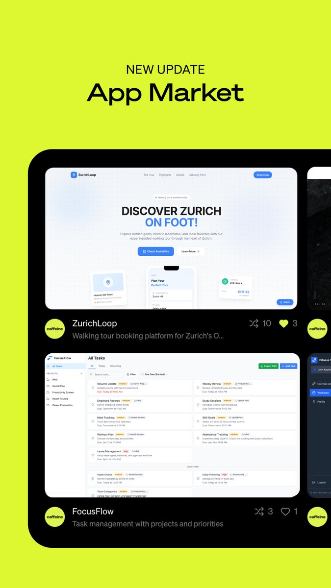 Caffeine's App Market just got an upgrade. Subscribers can now publish apps for everyone to remix — project by project, you choose what goes public.