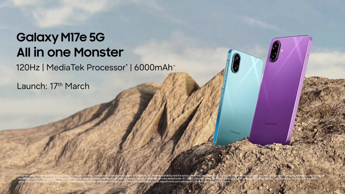 Some phones keep up. This one powers through. Galaxy M17e 5G brings A 120Hz Display that keeps everything incredibly smooth. A 6000mAh Monster Battery built for longer days and longer nights. Dust and splash resistance for Monster Durability. And 6 years of Upgrades, so your Monster stays ahead for years. Say hello to the 'All in one Monster'.