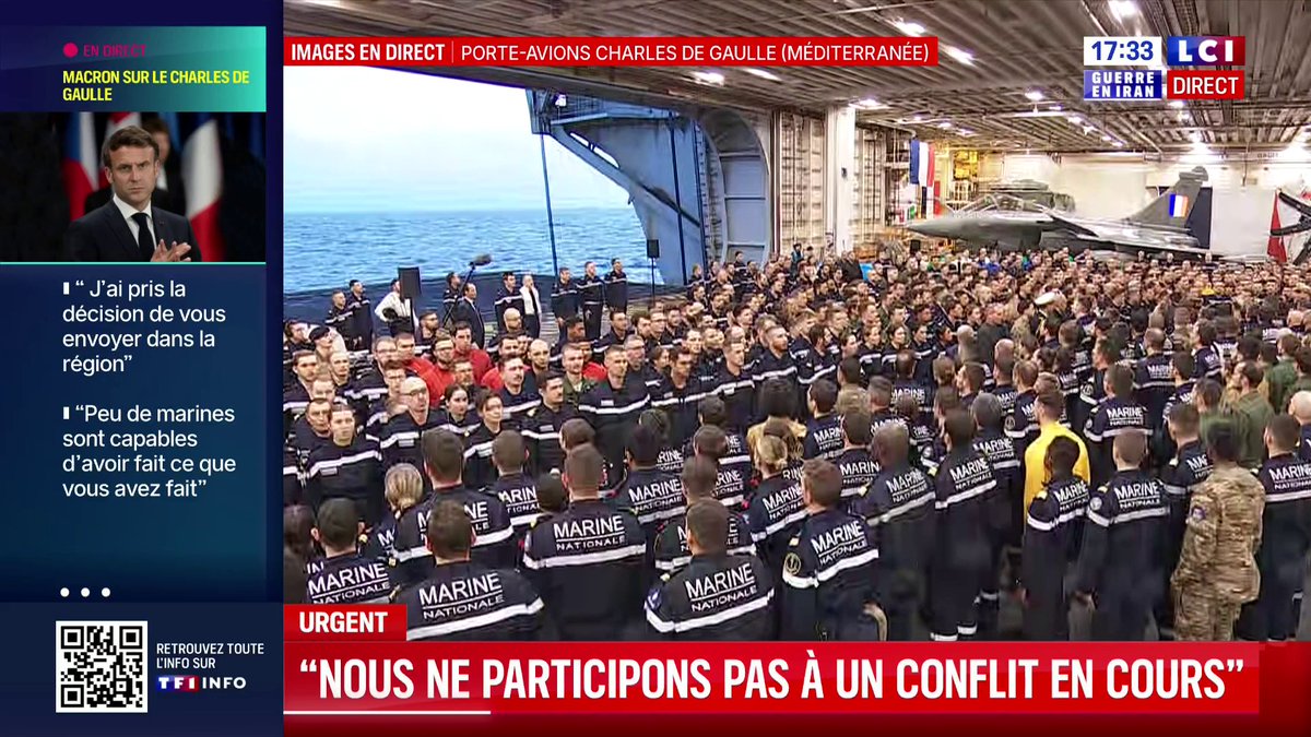 🔴 Emmanuel Macron sur le porte-avions Charles-de-Gaulle La Marine nationale entonne une Marseillaise à l'issue du discours du président de la République