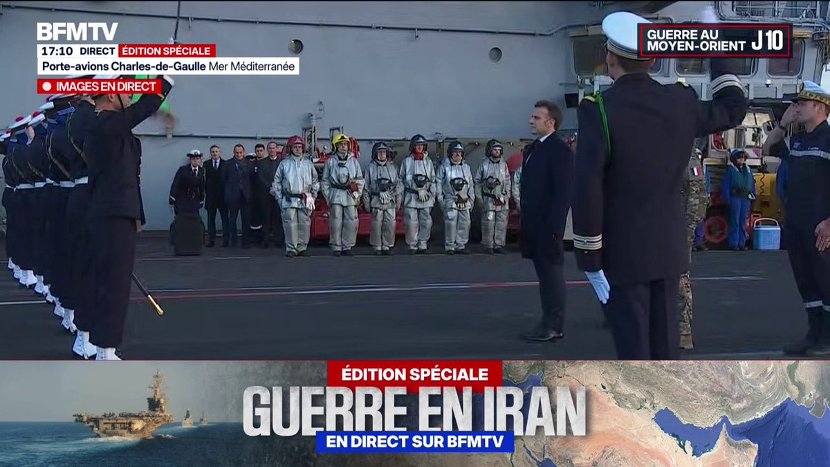 🇫🇷 FLASH | La Marseillaise est entonnée à bord du porte‑avions Charles de Gaulle au cours de la visite d'Emmanuel Macron.