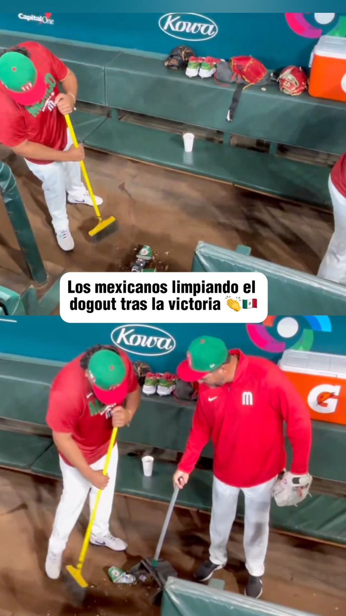 ¡BRAVO, MÉXICO! 👏 🇲🇽 🧹 Los peloteros no se fueron hasta dejar impecable el dougout tras la victoria sobre Brasil. vía Guillermo Celis