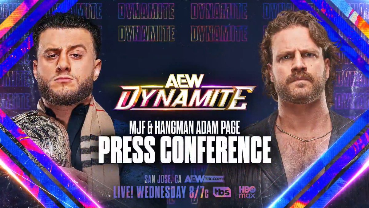 #AEWDynamite 8/7c, TBS + HBO Max This Wednesday, 3/11! AEW World Champion Maxwell Jacob Friedman™️ + Hangman Page Press Conference DAYS ahead of their high stakes Texas Death Match for the AEW World Championship at #AEWRevolution, we'll hear from both MJF + Page one last time, THIS WEDNESDAY!