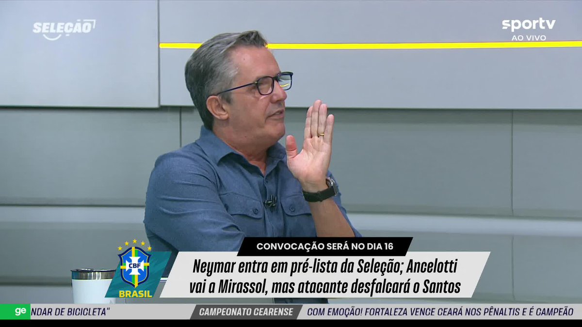 Bancada do #SeleçãoSportv debate presença de Neymar na pré-lista de Ancelotti e ausência no duelo contra o Mirassol no Brasileirão: "Vem uma frustração quando você sabe que ele não vai jogar" #neymar #seleçãobrasileira #ancelotti #futebol #ge
