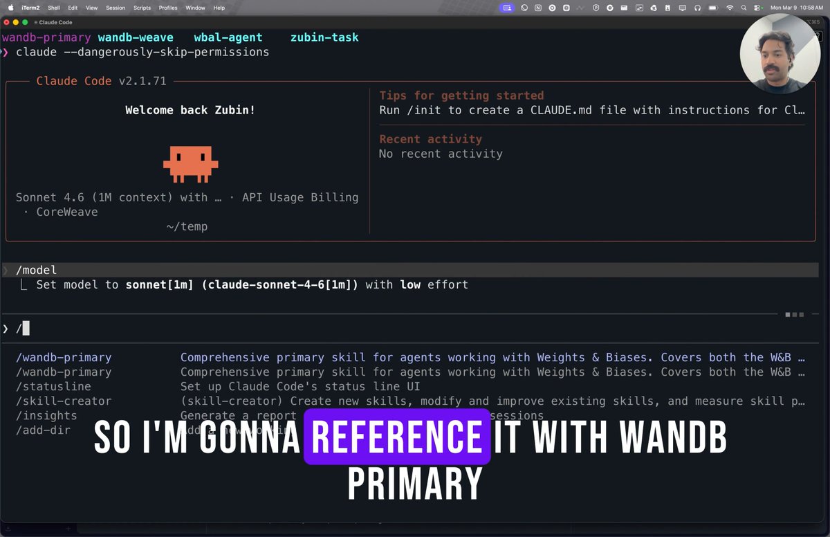 Introducing W&amp;B Skills for coding agents! Watch us install the skill, point it at a live fine-tuning project with thousands of traces and RL training runs, then query it all from the terminal in seconds. Also works with W&B Weave to pull in your agent traces and spot failures.